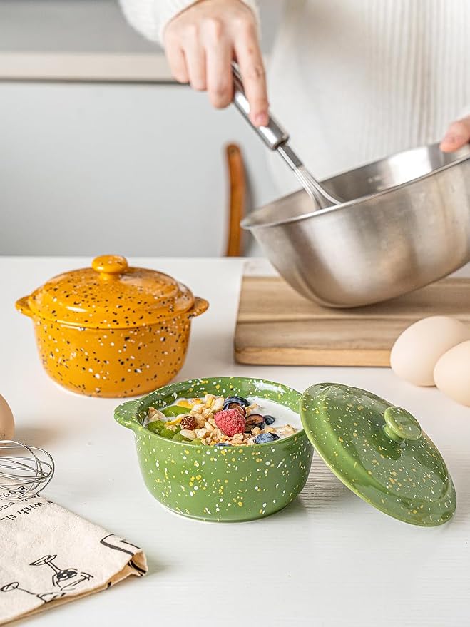 Oven-Safe 4-Pack Mini Ceramic Casserole Dishes (10 Oz Each) - With Lids & Handles - Ideal for Souffle, Soup, Cobbler, Stoneware Baking Ramekins for Individual Servings,Green