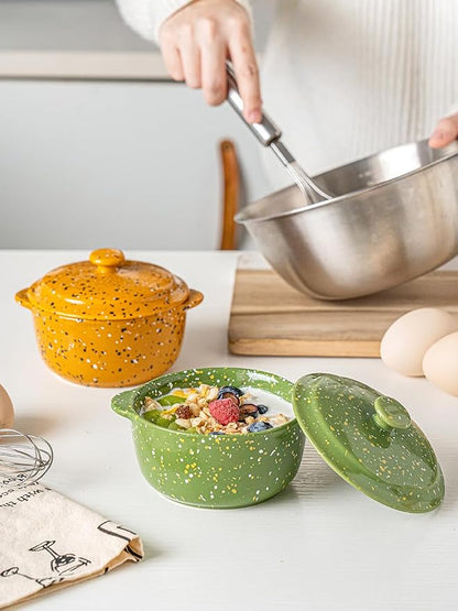 Oven-Safe 4-Pack Mini Ceramic Casserole Dishes (10 Oz Each) - With Lids & Handles - Ideal for Souffle, Soup, Cobbler, Stoneware Baking Ramekins for Individual Servings,Green