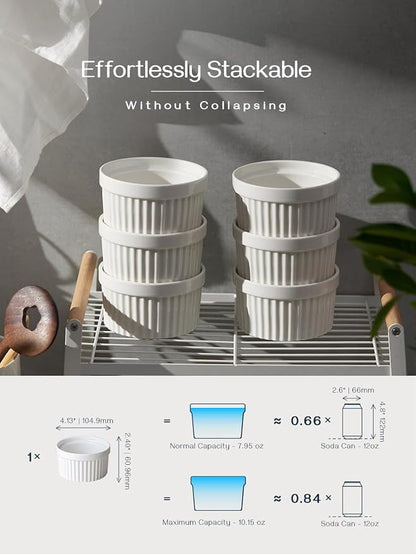 DOWAN Ramekins 10 oz Oven Safe for Creme Brulee, Porcelain Souffle Dishes, Ramekin for Baking, Small Dessert Bowls Dipping Sauce Cups, Set of 6, Soft White