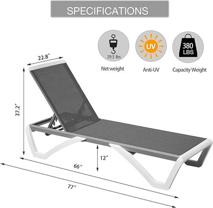 Domi Outdoor Chaise Lounge, Adjustable Aluminum Patio Lounge, Plastic Pool Lounge Chair for Deck Lawn Backyard (1 Grey Chair W/O Table)