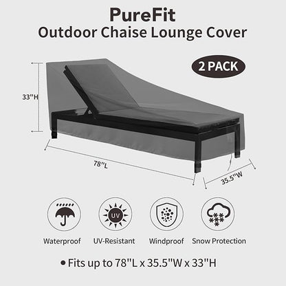 PureFit Outdoor Chaise Lounge Cover, Lounge Chair Covers Waterproof Patio Furniture Lounge Chair Cover, UV Resistant & Weatherproof, 2 Pack, 78"L x 35.5"W x 33"H Inches, Black