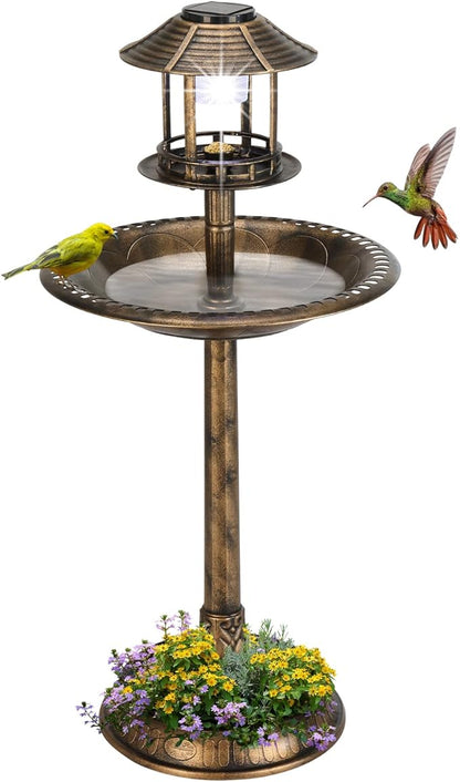Outvita Outdoor Bird Bath, Garden Bird Baths Decorations with Solar-Powered Lamp and Resin Pedestal Flower Planter Base Bird Feeder for Yard Patio