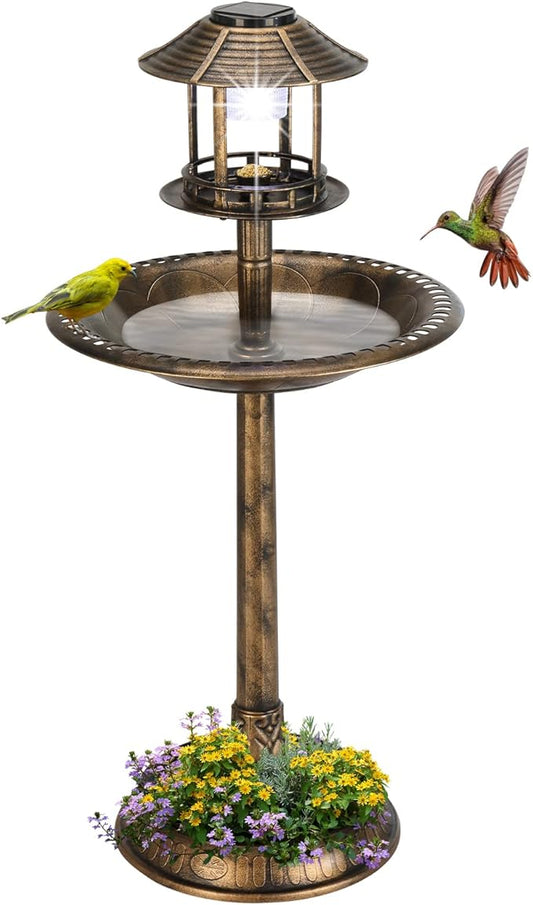 Outvita Outdoor Bird Bath, Garden Bird Baths Decorations with Solar-Powered Lamp and Resin Pedestal Flower Planter Base Bird Feeder for Yard Patio