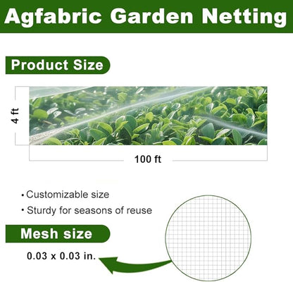 Agfabric Garden Netting 4'x100' Insect Pest Barrier Bird Netting for Garden Protection,Row Cover Mesh Netting for Vegetables Fruit Trees and Plants,White