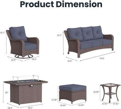 7 Pieces Outdoor Patio Furniture Sets with Rocking Swivel Chairs with 6-inch Thick Cushion and Fire Pit Table for Deck Lawn