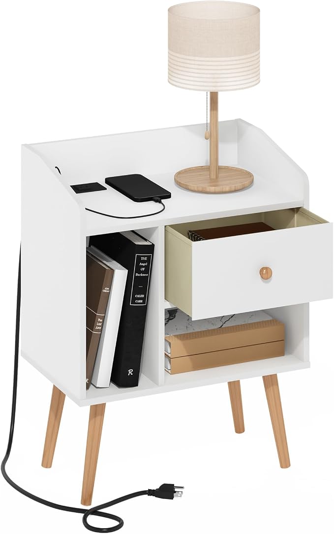 Furinno Claude Side Table, Mid Century End Table with Charging Station, Wooden Legs Night Stand, Bedside Table with USB and Type-C Port, for Living Room, Bedroom, White
