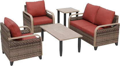 COOS BAY Modern Wicker Outdoor Furniture Set, Patio Conversation Set with Patio Chairs, 2 Seat Loveseat, Coffee Table and Side Table, 5 Piece, Brown/Red