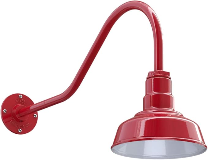 Steel Lighting Co. | Dusk to Dawn | Hawthorne Barn Light | Outdoor Wall Mounted | 8 in Dome | 23 inch Gooseneck| Small Farmhouse Light Made in America | Red Exterior/White Interior