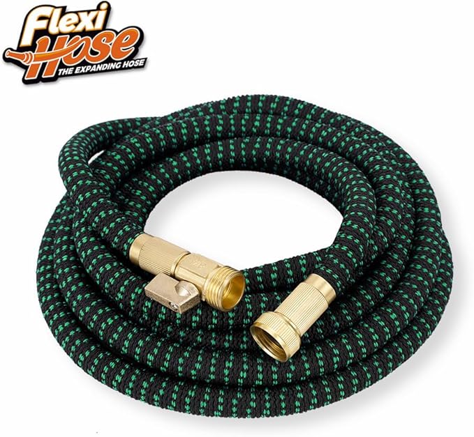 Flexi Hose with 8 Function Nozzle, 75FT - Lightweight Expandable Garden Hose, No-Kink Flexibility, 3/4 Inch Solid Brass Fittings and Double Latex Core - Black and Green