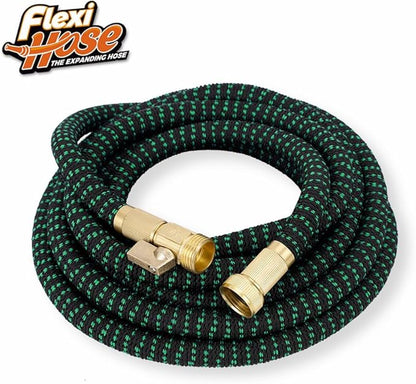 Flexi Hose with 8 Function Nozzle, 25FT - Lightweight Expandable Garden Hose, No-Kink Flexibility, 3/4 Inch Solid Brass Fittings and Double Latex Core - Black and Green