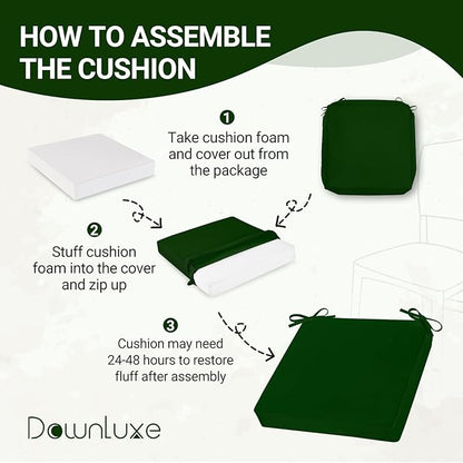 downluxe Waterproof Outdoor Chair Cushions for Patio Furniture, 22" x 22" x 3" Patio Chair Cushion with Non-Slip Ties & Portable Handle, Forest Green, 2 Pack