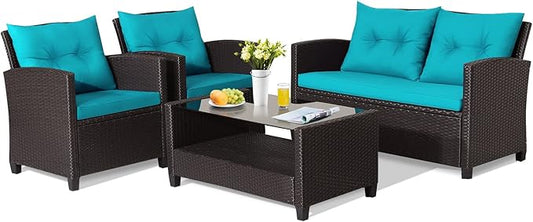 HAPPYGRILL 4 Pieces Patio Furniture Set Outdoor PE Rattan Conversation Set with 2-Tier Coffee Table, Extra Storage Shelf and Cushions, Patio PE Wicker Sofa Set for Garden Backyard Poolside