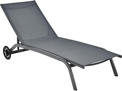 COSTWAY Outdoor Chaise Lounge with Wheels, 6-Position Adjustable Tanning Chair with Stable Aluminum Frame, Portable Sun Bathing Lounge Chair for Backyard, Garden, Poolside (Grey)