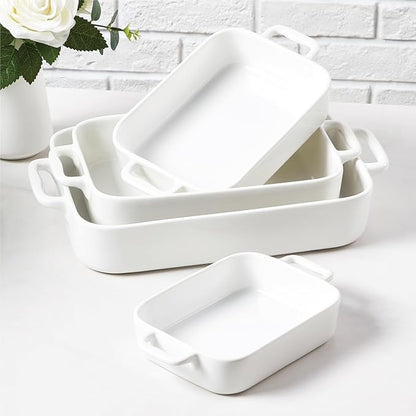 ONEMORE Casserole Dishes for Oven,9.5"x15.4" Baking Dishes Set of 4,Ceramic Bakeware Sets with Handles for Cooking, Baking,Serving, Wedding and Gifting, Baking Pan White , Microwave & Dishwasher Safe(7.5"/11.2"/13.4"/15.4")