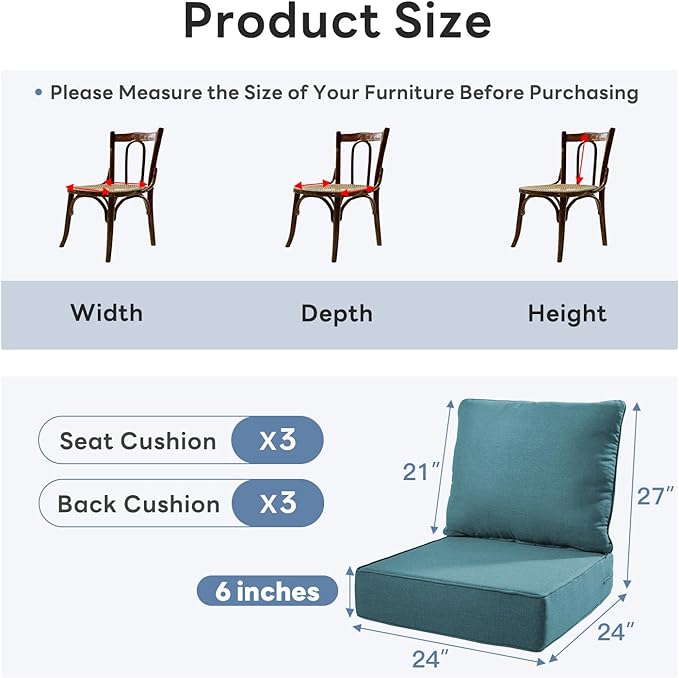 6" Thicker Outdoor Chair Cushion 3 Sets - 24" *24" *6" Waterproof Patio Furniture Cushions with Removable Cover, 28D High Density Sponge Filling Thicken Outdoor Patio Cushions - Peacock Blue