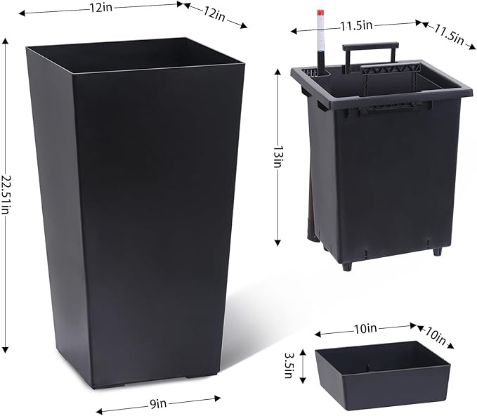 2 Pack Tall Self-Watering Planter Pots with Water Level Indicator, 12"l x 12"w x 22.5"h, Modern Flower Pots with Inner Bucket Handles and Water Injection Port for Indoor Outdoor Plants, Black