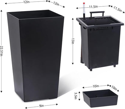 2 Pack Tall Self-Watering Planter Pots with Water Level Indicator, 12"l x 12"w x 22.5"h, Modern Flower Pots with Inner Bucket Handles and Water Injection Port for Indoor Outdoor Plants, Black