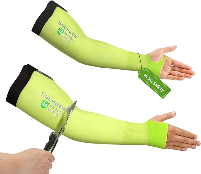 Schwer ANSI A6 Cut Resistant Sleeves, 18 inch Protective Arm Sleeves with Thumb Hole for Arm Work Protection, Arm Guards for Gardening, Cutting Metal, Repairing, Kitchen, Pet Grooming (1 Pair, Yellow)