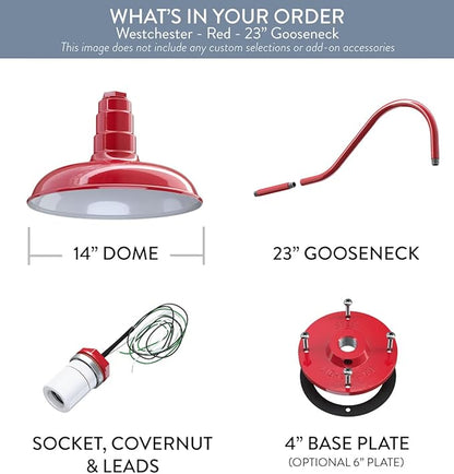 Steel Lighting Co. Topanga Barn Light | Outdoor Wall Mounted | Farmhouse Garage Light Made in America | 14 inch Dome | 23 inch Gooseneck | Red Exterior/White Interior
