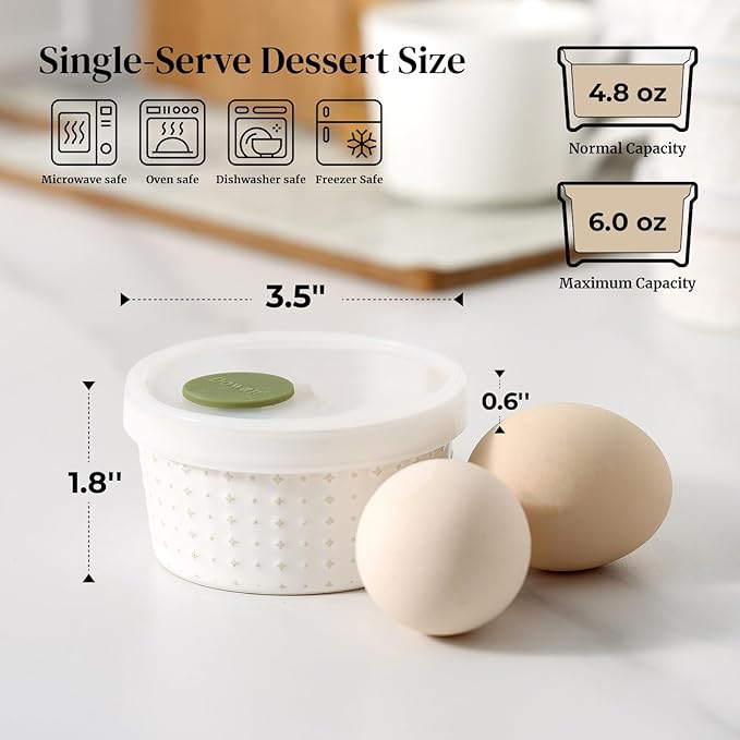 DOWAN Ramekins Oven Safe with Lids 4 oz, Charcuterie Boards Bowls Set for Creme Brulee, Souffle, Dipping Sauces, Custard Cups Ceramic Food Storage Containers, Set of 6, Beige