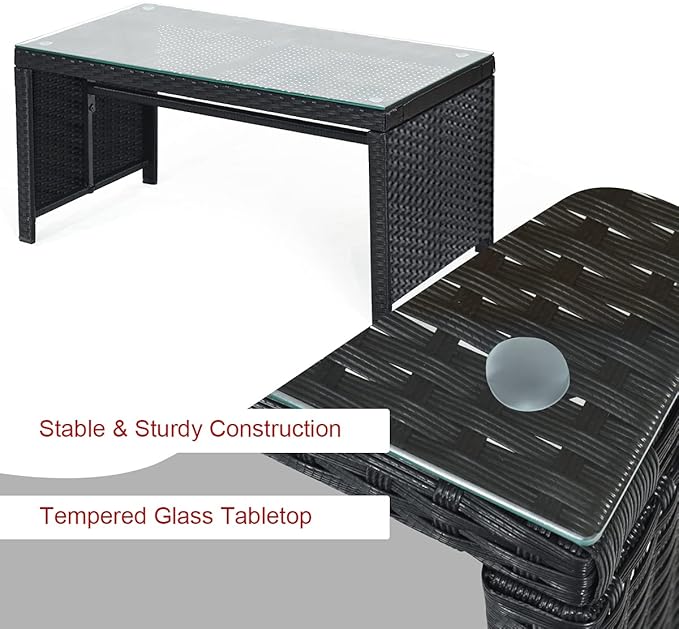 COSTWAY 4 Pieces Patio Rattan Furniture Set, Outdoor Wicker Conversation Set with Soft Cushions & Tempered Glass Coffee Table, Cushioned Chair Sofa for Backyard, Porch, Poolside, Lawn, Garden, Red