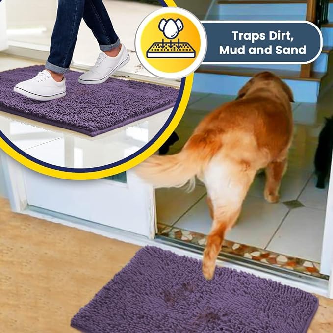 Muddy Mat® | Super Water Absorbent Door Mat Indoor, Microfiber Quick Dry Chenille Entryway Rug, Slip Resistant Front Door Mat, Indoor Mats for Entryway, Machine Washable Pet Rug, Lavender 36" x 120"