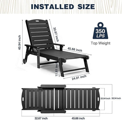 Lounge Chair, Chaise Lounge with 5-Level Adjustable Backrest and Pulley, Easy to Move, Supports Up to 350 lbs, All Weather Waterproof Outdoor Chairs for Patio, Pool, Porch Beach- Black