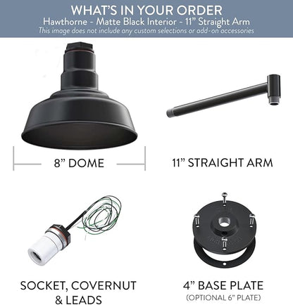 Steel Lighting Co. | Dusk to Dawn | Hawthorne Barn Light | Outdoor Wall Mounted | 8 in Dome | 11 inch Straight Arm| Small Farmhouse Light Made in America | Matte Black Exterior/Matte Black Interior