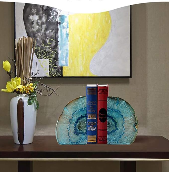 JIC Gem Teal Agate Bookends Heavy Duty Book Ends for Shelves Geode Book Ends with Rubber Bumpers for Office Décor and Home Decoration(1 Pair, 2-3 LBS)