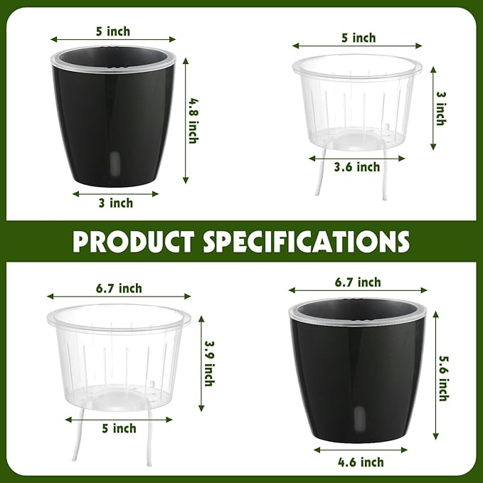 Self-Watering Pots for Indoor Plants, 8-Pack Self Watering Planter with Drainage Holes, Small African Violet Pots with Water Indicator, 5-Pack 5''/3-Pack 6.7'' Orchid Pot, Black