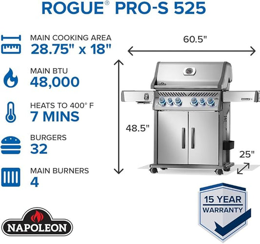 Napoleon Rogue PRO-S 525 Natural Gas Grill with Infrared Side and Rear Burners, Stainless Steel, Durable 6-Burner Cooking Surface