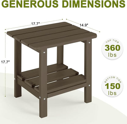 Adirondack Outdoor Side Table, 2-Tier Small Patio End Table, Weather Resistant HDPE Outdoor End Tables for Garden, Lawn, Pool, Beach, Porch, Deck, Backyard - Square, Dark Brown