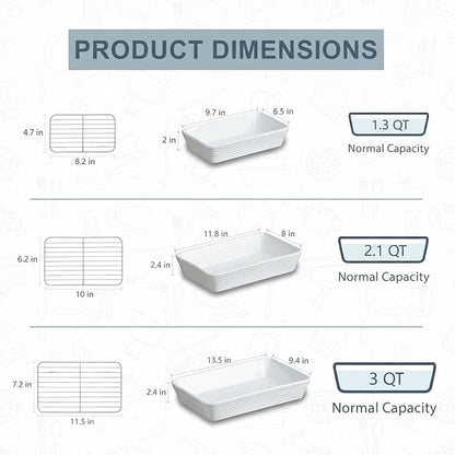 ONEMORE Baking Dishes for Oven, 9x13 Large Casserole Dishes for Oven with Roasting Racks, Rectangular Ceramic Baking Dish Set of 3 for Cooking & Serving, Deep Dish Lasagna Pan (3QT/2.1QT/1.3QT)