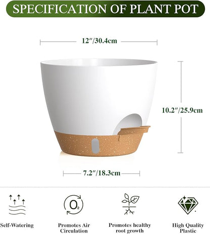 Plant Pots, 1 Pack 12 Inch Self Watering Pots with Drainage Holes, Water Level Indicator Deep Reservoir, Large Planters for Indoor Outdoor Plants - White Brown