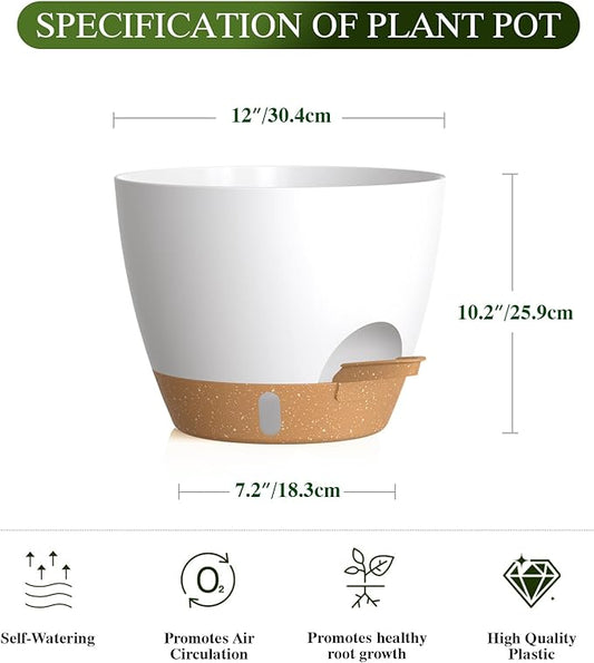 Plant Pots, 1 Pack 12 Inch Self Watering Pots with Drainage Holes, Water Level Indicator Deep Reservoir, Large Planters for Indoor Outdoor Plants - White Brown