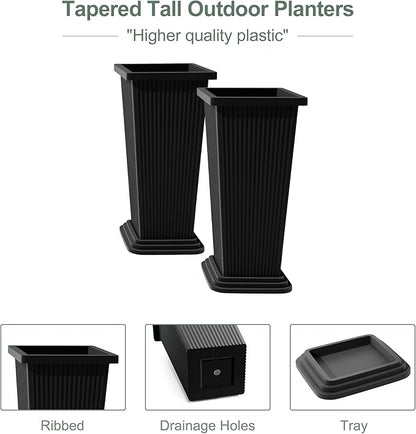 Tall Black Planters Outdoor Set of 2, Large Outdoor Tall Planters Pots with Tray, Modern Tapered Flower Planter for Front Porch, Patio, Garden (24", Ribbed)