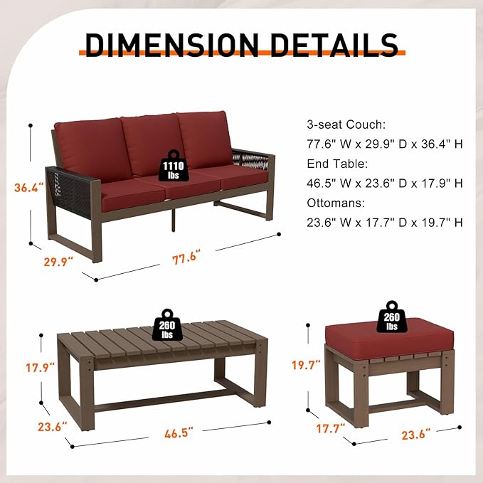 Rustic Hideaway Natural Cedar Wood Outdoor Furniture Set, Wicker Patio Conversation Set for Porch Garden Backyard, Couch, Coffee Table and 2 Ottomans, 4 Piece, Brownish/Red