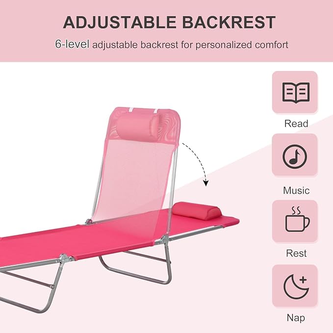 Outdoor Chaise Lounge with Detachable Pillow, Reclining Folding Chair with 5-Position Adjustable Back, Portable Tanning Chair for Beach, Pool, Lawn, Breathable Mesh Seat, No Assembly