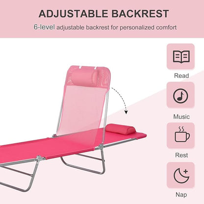 Outdoor Chaise Lounge with Detachable Pillow, Reclining Folding Chair with 5-Position Adjustable Back, Portable Tanning Chair for Beach, Pool, Lawn, Breathable Mesh Seat, No Assembly