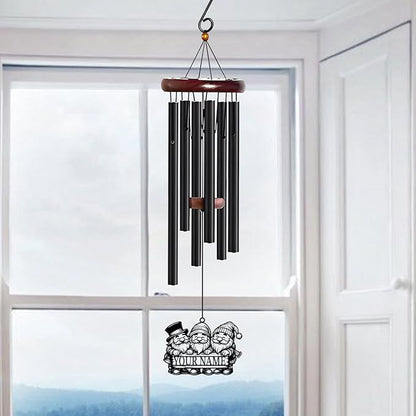 Personalized Customize Name Gnome Wind Chime, Metal Iron 37 Inch Outdoor Memorial Gift for Garden Yard Patio Home Decor, Black，Christmas (Style J)
