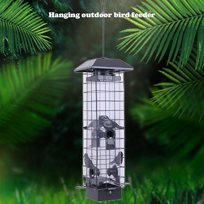 Squirrel Proof Bird Feeders for Outdoors, Metal Wild Bird Feeder for Outside Hanging, 4 Ports Perches, 3LB Large Capacity(Gray)