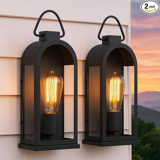 Vintage Outdoor Wall Light Fixtures (2 Pack) - Matte Black Porch Lantern/Exterior Wall Sconce, Glass Shade, Sturdy Metal Frame, Waterproof & Anti-Rust, for Entryway/Garage/Patio/Doorway, E26 Socket