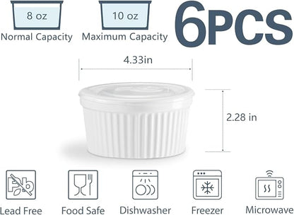 ONEMORE 8 oz Ramekins with Lids, Set of 6 Stackable Ceramic Creme Brulee Souffle Dishes, Oven Safe Pudding Cups with Silicone Covers for Baking, White