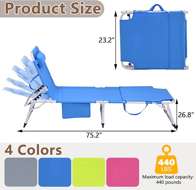 3-in-1 Heavy Duty Tanning Chair with Face Hole Adjustable 5-Position Folding Chaise Lounge Chairs Portable Lay Flat Beach Lounge Chair for Outdoor Sunbathing Patio Pool Lawn Camping Deck (Blue)