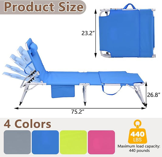 3-in-1 Heavy Duty Tanning Chair with Face Hole Adjustable 5-Position Folding Chaise Lounge Chairs Portable Lay Flat Beach Lounge Chair for Outdoor Sunbathing Patio Pool Lawn Camping Deck (Blue)