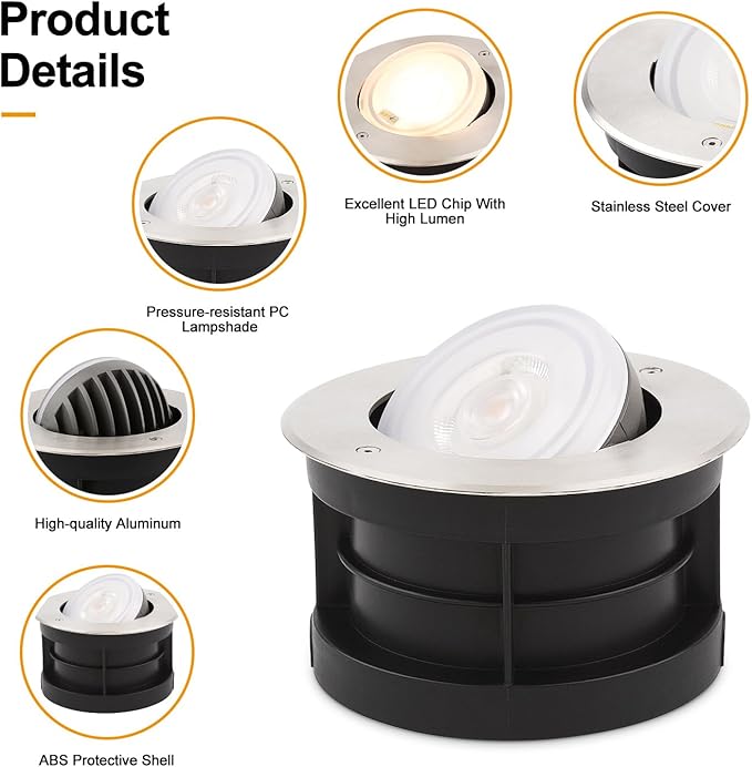 Angle-Adjustable Inground Light for Gardens-Outdoor LED Well Lights,Landscape Pathway In-Ground Lighting Fixtures,Buried lamp,Low Voltage,IP65, Stainless Steel(24 Watts)