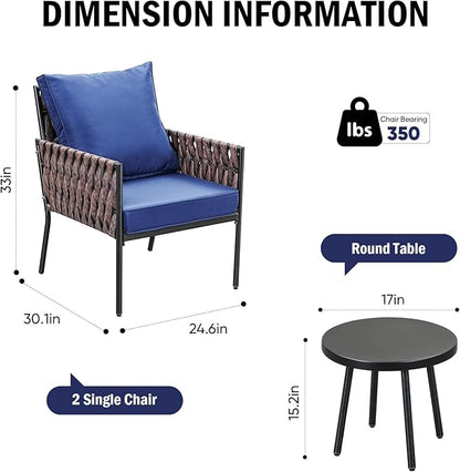 Patio Furniture Set, 3-Piece Wider Outdoor Metal Seating Sofa with High Back, Coffee Ta ble, All Weather Rattan Conversation for Garden,Backyard, Poolside-Navy