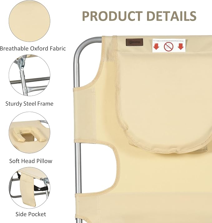 Outsunny Chaise Lounge Chair Outdoor with Face Arm Hole, 5-Position Reclining Face Down Tanning Chair with Carry Strap, Side Pocket, Portable Folding Bed Cot for Patio Beach Pool, Beige