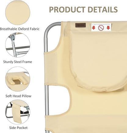Outsunny Chaise Lounge Chair Outdoor with Face Arm Hole, 5-Position Reclining Face Down Tanning Chair with Carry Strap, Side Pocket, Portable Folding Bed Cot for Patio Beach Pool, Beige