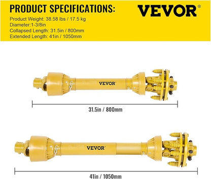 VEVOR PTO Shaft, 1-3/8" PTO Drive Shaft, 6 Spline Both Ends PTO Driveline Shaft, Series 4 Tractor PTO Shaft, 31.5"-41" Brush Hog PTO Shaft, Yellow PTO Shaft w/Slip Clutch for Bush Hog/Finish Mower